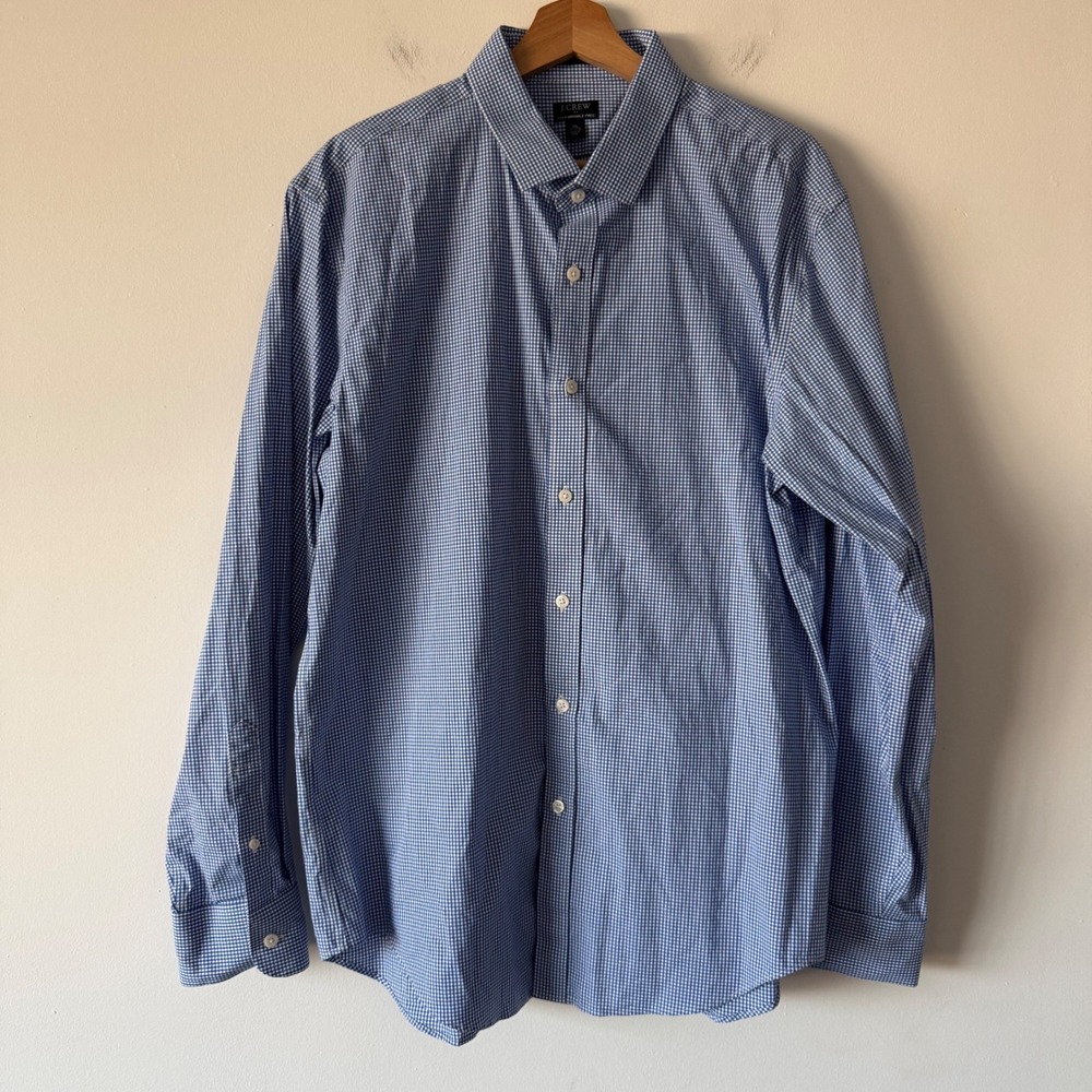 J.Crew Slim Flex Wrinkle Free Gingham Dress‎ Shirt Blue White XL 17-17.5 F7633